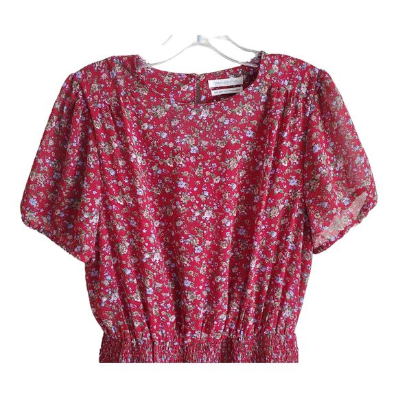 URBAN OUTFITTERS Women's M Dress Red Floral Smocked Elastic Skirt Short Sleeve - Picture 2 of 7